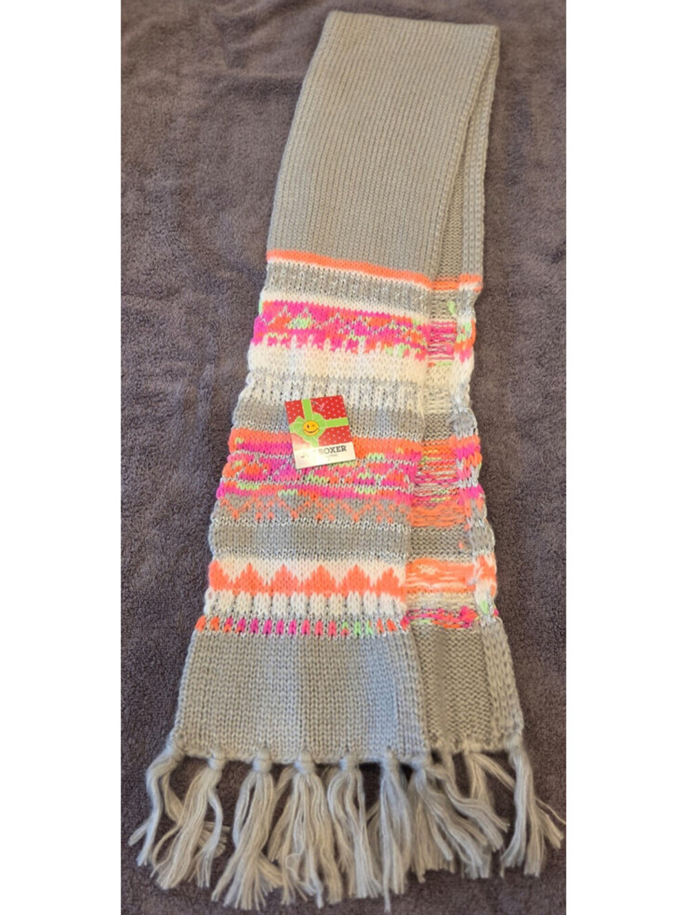 Joe Boxer Neon Aztec Tribal Knit Scarf Muffler NWT Gray Pink Orange Silver Tasse